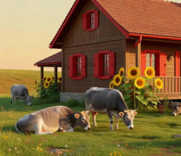 Tehenek a Farm Up gazdaság háza előtt legelnek