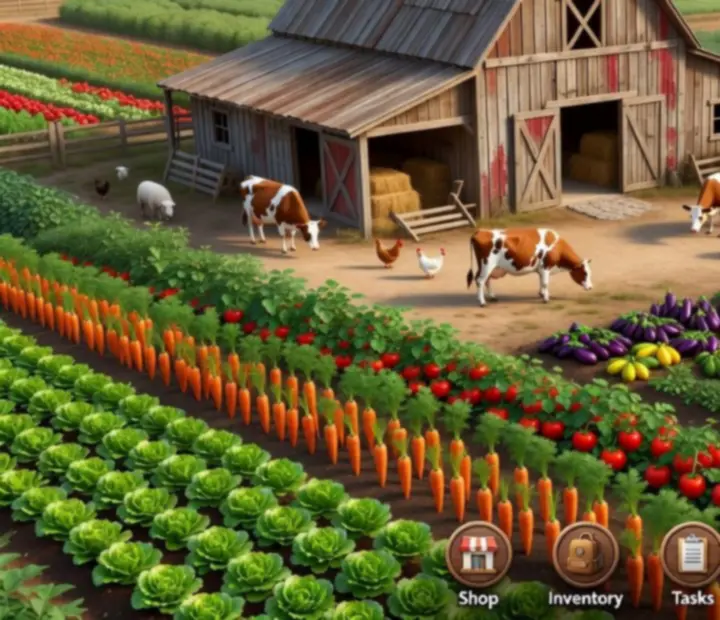 Farm Up játékfelület: vetések, állatok, szélmalmok és faépületek