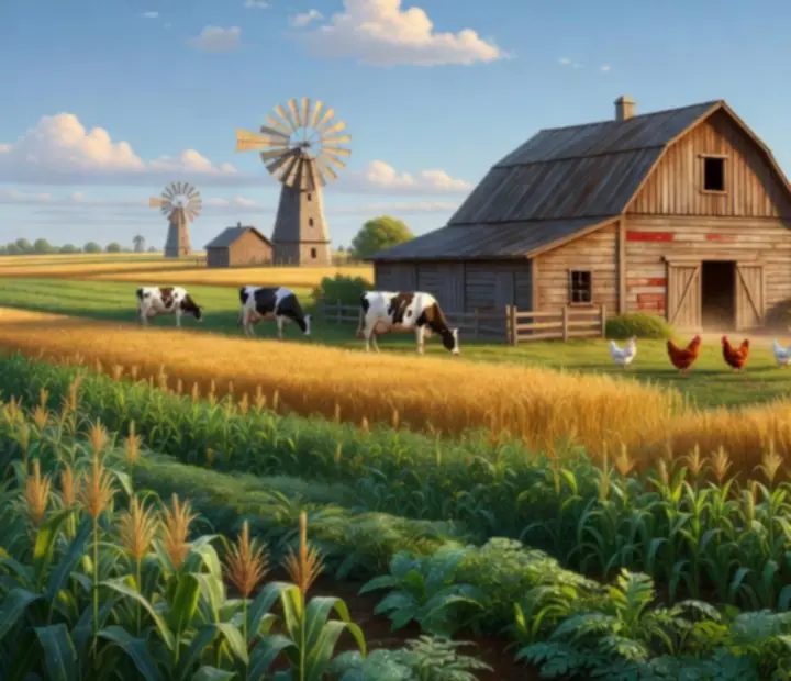 Farm Up játék: virágzó farm, zöld vetések, szélmalmok és állatok