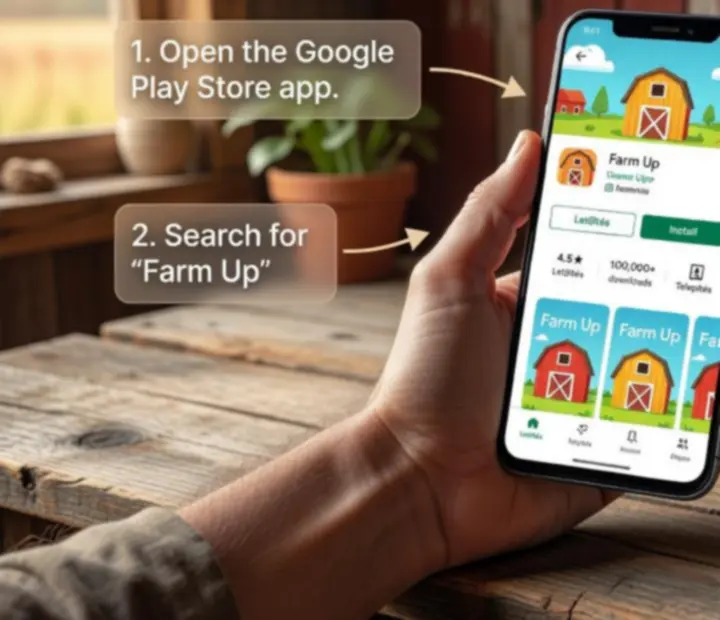 Farm Up letöltési lépései Androidon vizuálisan bemutatva