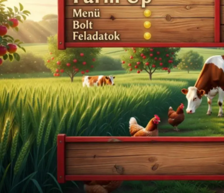 Meleg, vidéki hangulatú Farm Up játékkép fa pajtával és zöld termőfölddel