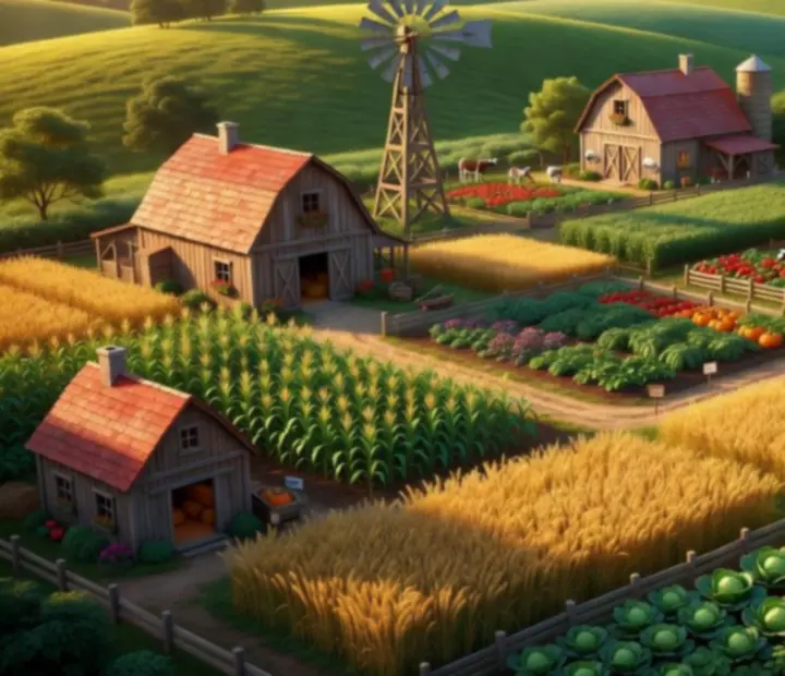 Farm Up játékkép: szélmalom, zöld veteményes és állatok egy napfényes udvarban