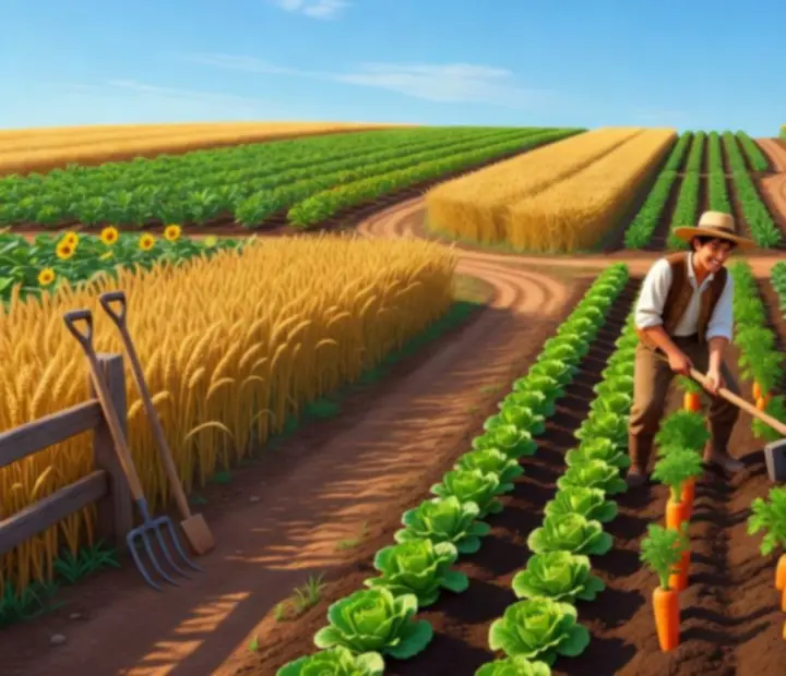 Farm Up vetési terv, rendezett zöldségágyásokkal és gabonatáblákkal